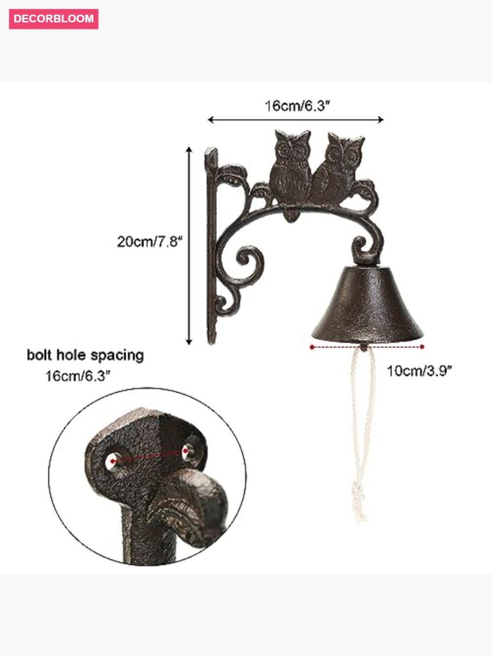 Heavy Duty Cast Iron Wall Bell - Decorative Hand Bell - Indoor Outdoor Hanging - Picture 3 of 7